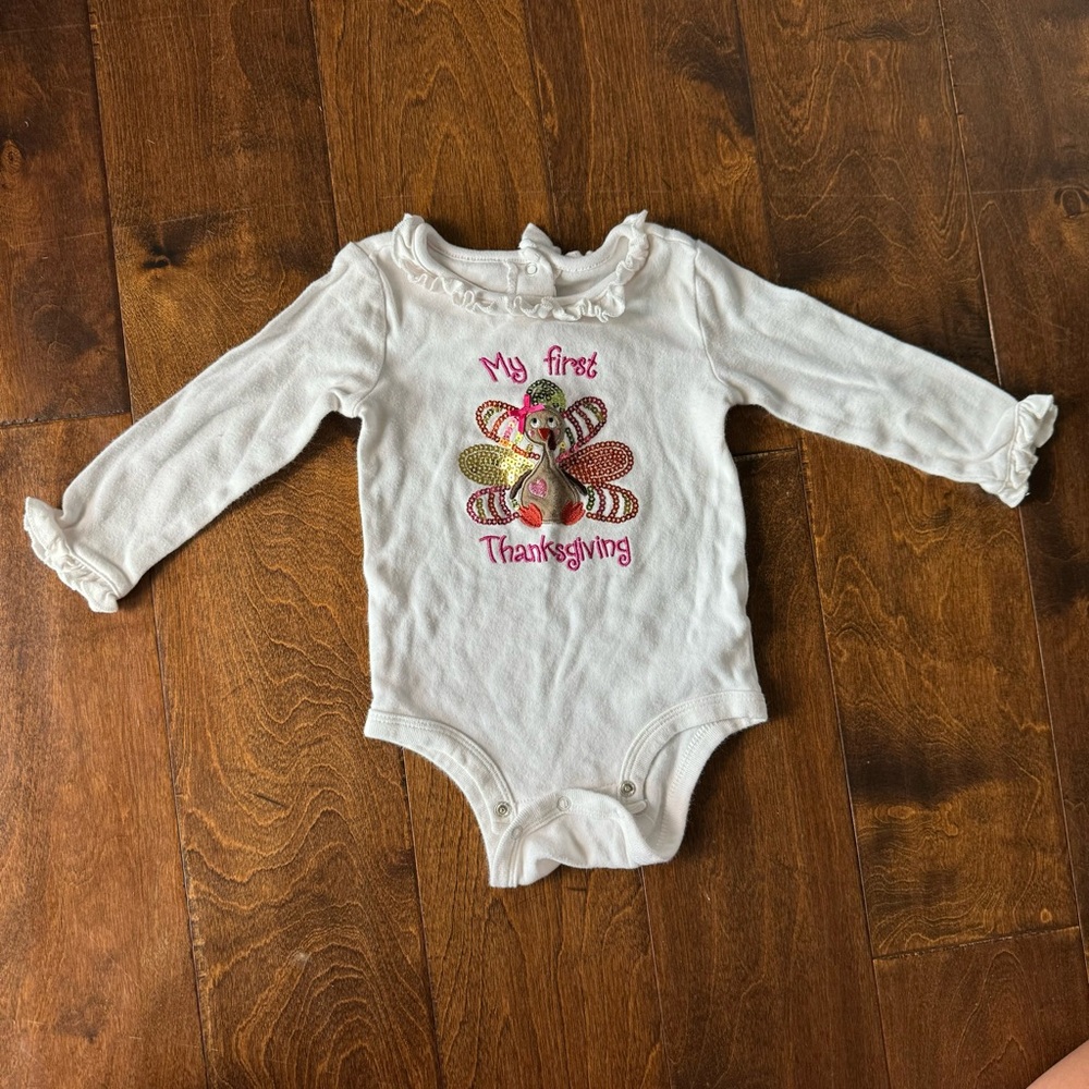 Koala Kids My First Thanksgiving Turkey Sequin White Bodysuit 12M RN67391